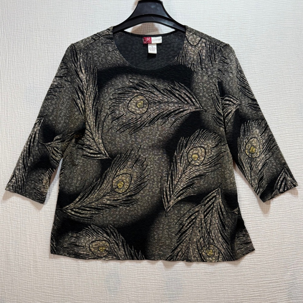 JM‎ Collection Peacock Feather Top Women 1X Black Gold 3/4 Sleeve Whimsigoth
